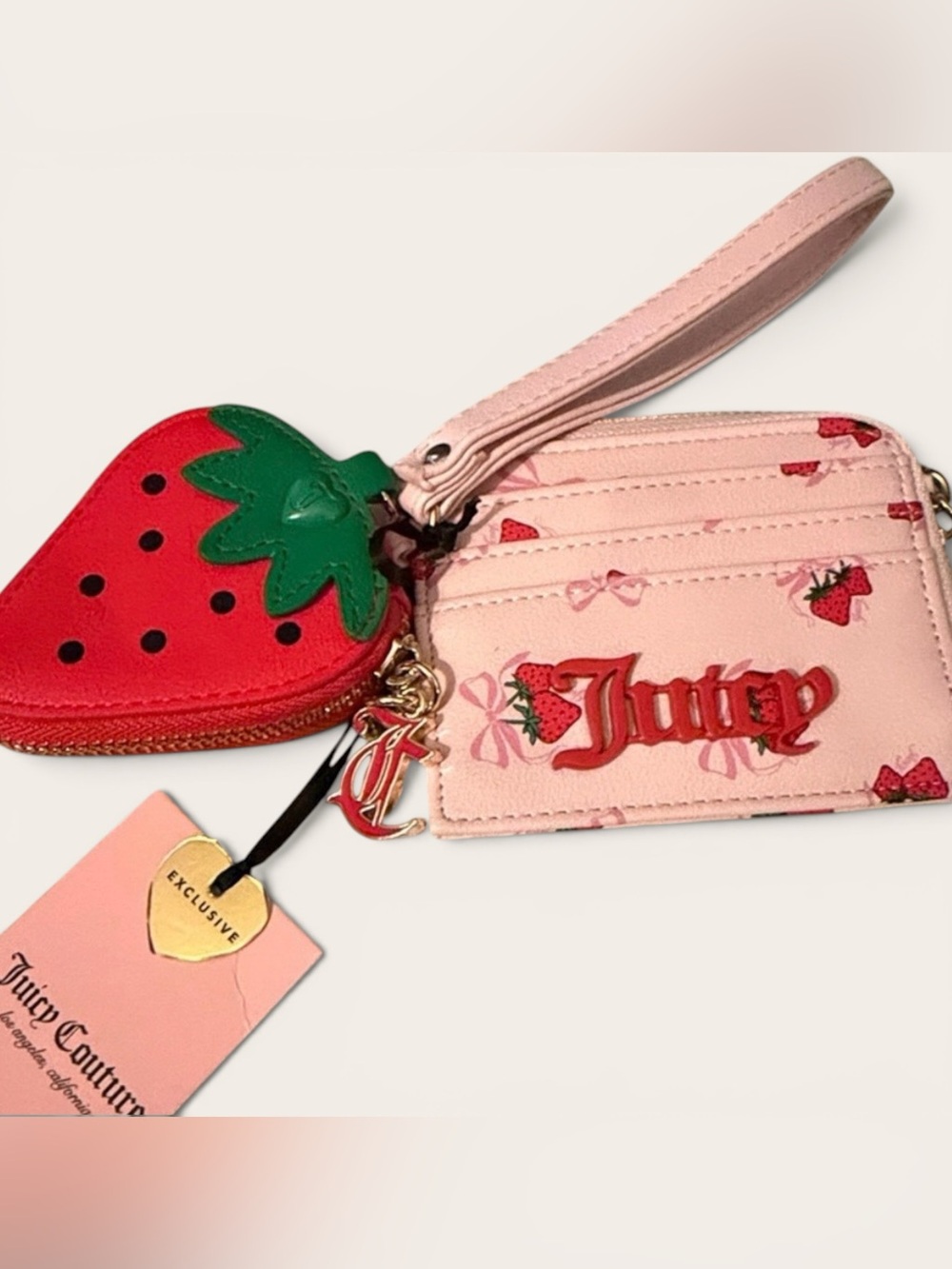 Juicy couture pink strawberry print card holder wallet w/ STRAWBERRY BAG CHARM